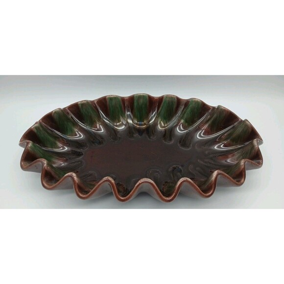 Royal Haeger Ruffle Dish Brown Green VTG Glaze R309 USA Scalloped Console - Picture 1 of 7